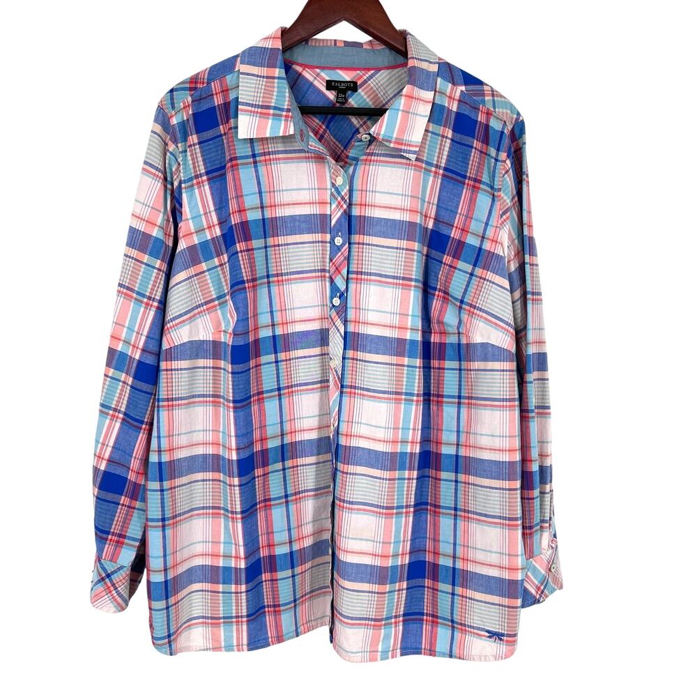 Talbots Woman Plus Size 22W Pink Blue Plaid Long Sleeve Blouse Shirt Top Spring